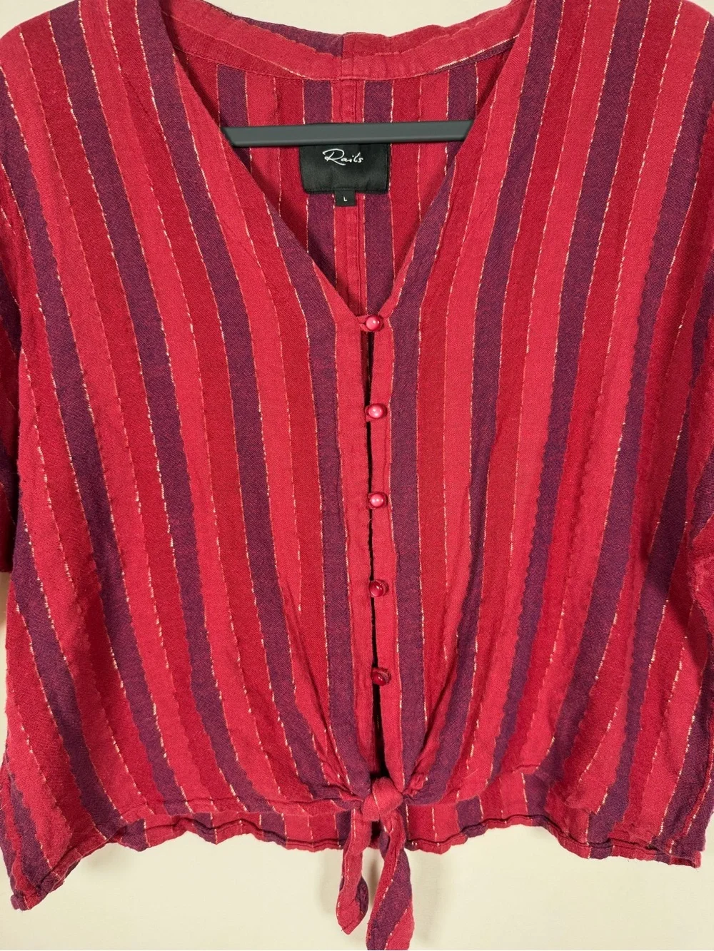 Rails Thea Rouge Stripe Red and Burgundy Button‎ Down Tie-Front Blouse